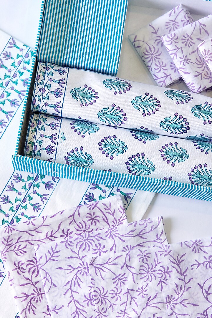 White Canvas Cotton Floral Hand Block Printed Table Mat Set of 25 by ADYA at Pernia's Pop Up Shop