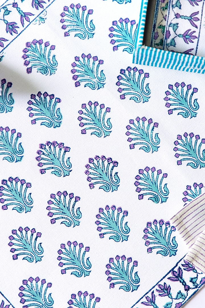 White Canvas Cotton Floral Hand Block Printed Table Mat Set of 25 by ADYA at Pernia's Pop Up Shop