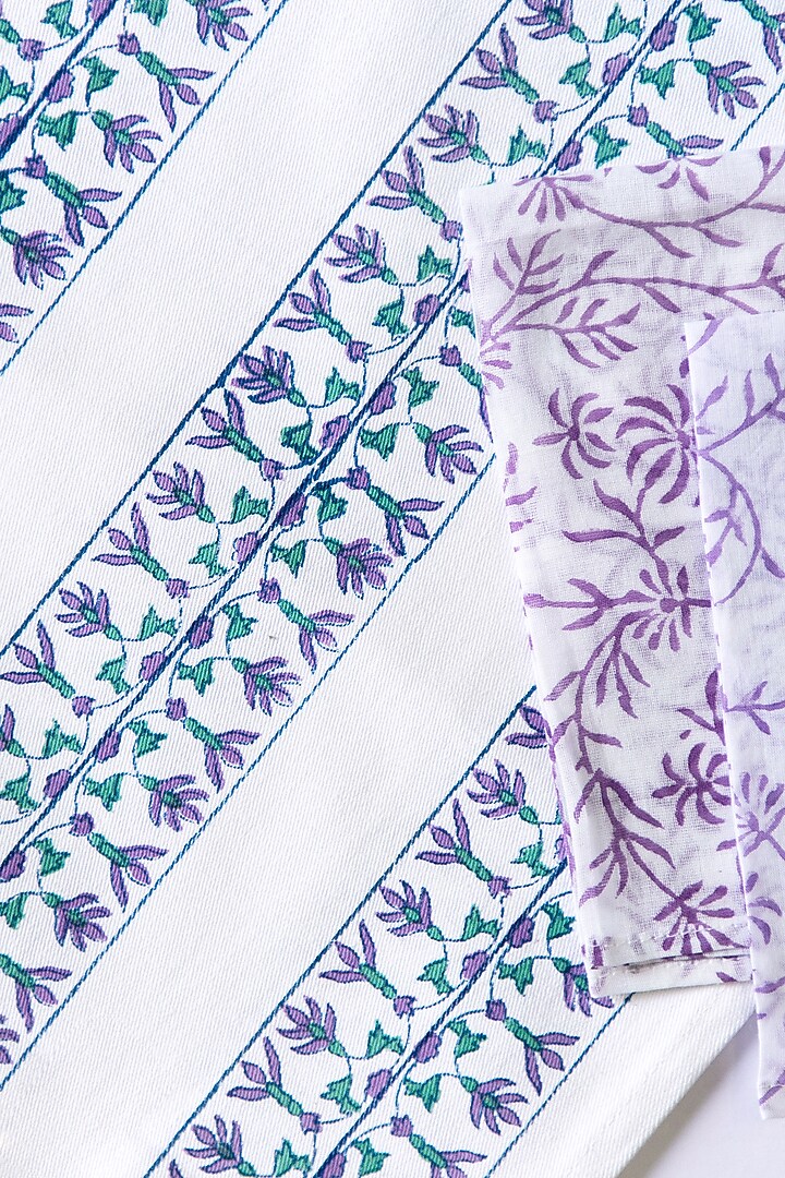 White Canvas Cotton Floral Hand Block Printed Table Mat Set of 25 by ADYA at Pernia's Pop Up Shop