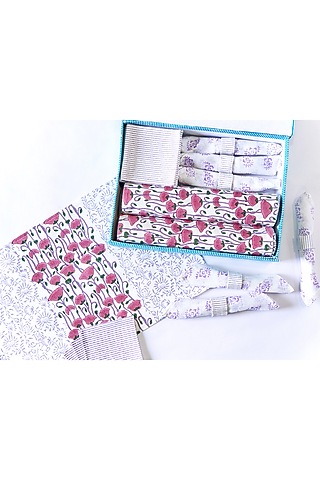 White Canvas Cotton Floral Hand Block Printed Table Mat Set of 25 by ADYA