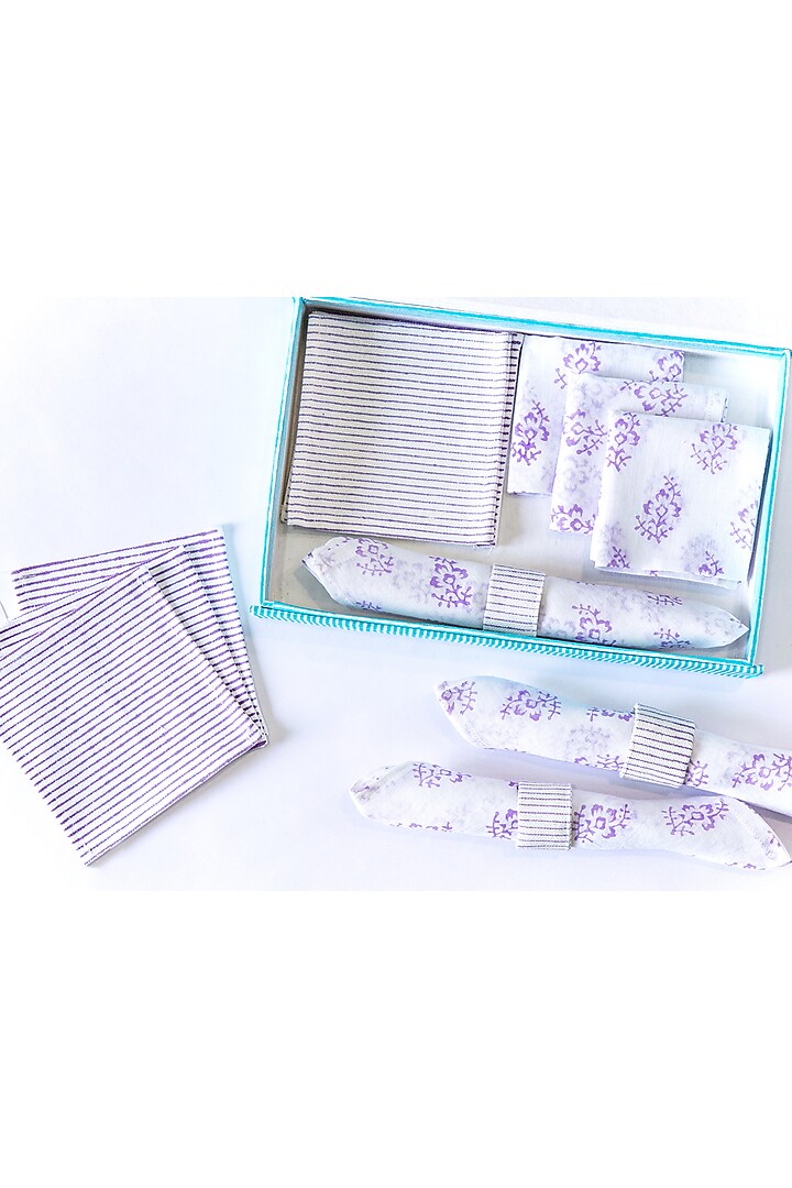 White Canvas Cotton Floral Hand Block Printed Table Mat Set of 25 by ADYA at Pernia's Pop Up Shop