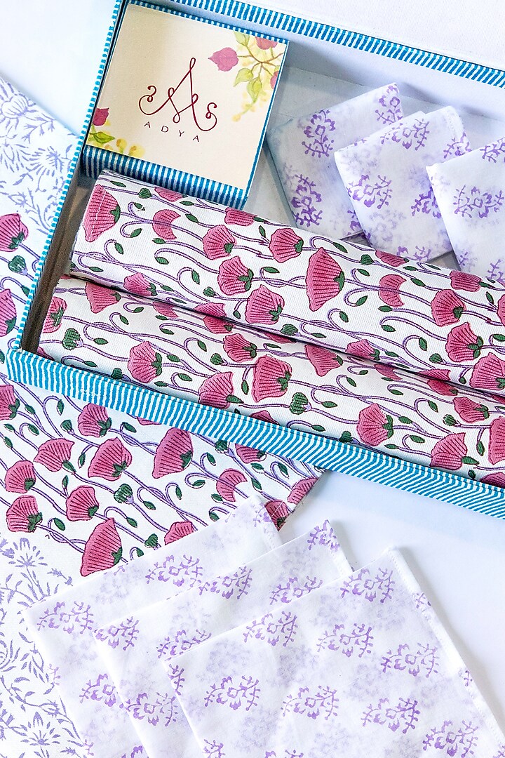 White Canvas Cotton Floral Hand Block Printed Table Mat Set of 25 by ADYA at Pernia's Pop Up Shop