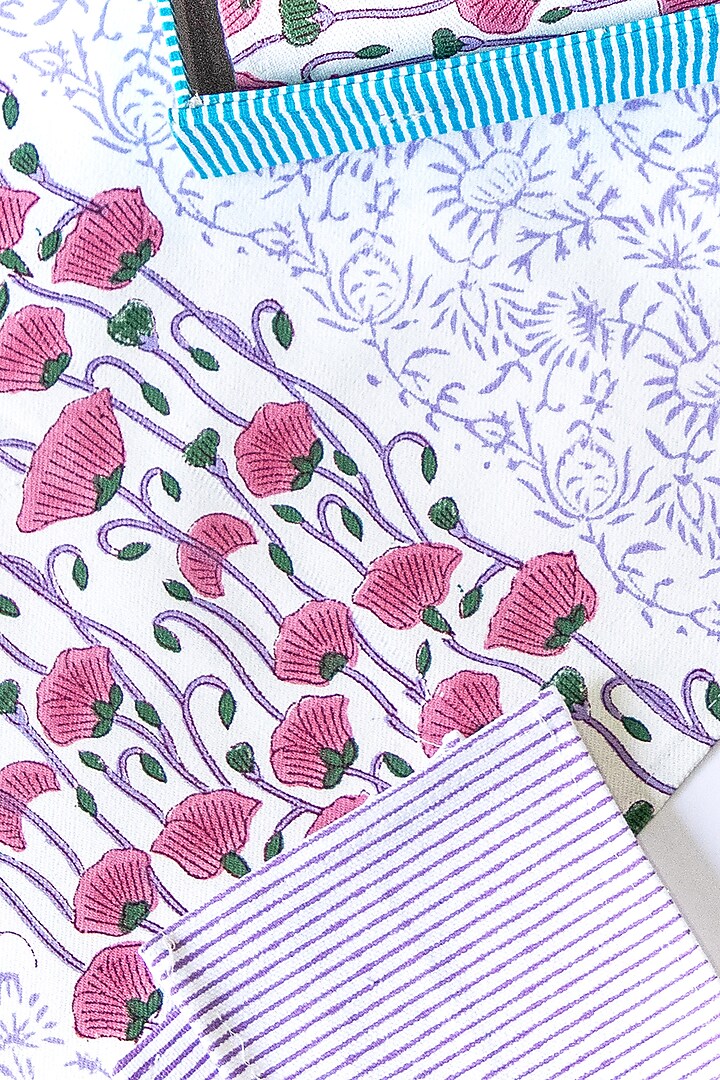White Canvas Cotton Floral Hand Block Printed Table Mat Set of 25 by ADYA at Pernia's Pop Up Shop