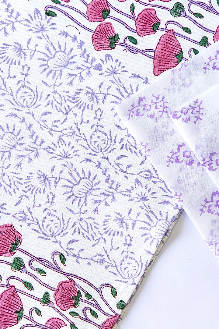 White Canvas Cotton Floral Hand Block Printed Table Mat Set of 25 by ADYA at Pernia's Pop Up Shop