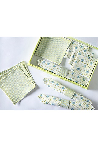 White Cotton Floral Hand Block Printed Table Mat Set of 25 by ADYA
