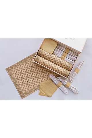 Mustard Cotton Hand Block Printed Table Mat Set of 25 by ADYA