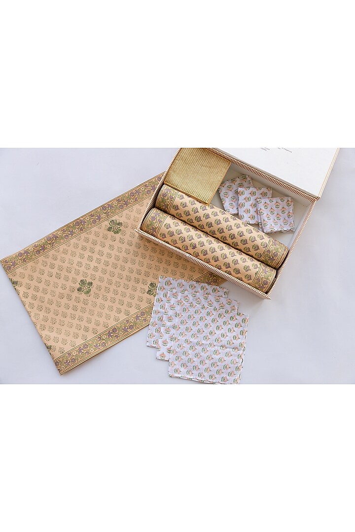 Mustard Cotton Hand Block Printed Table Mat Set of 25 by ADYA at Pernia's Pop Up Shop
