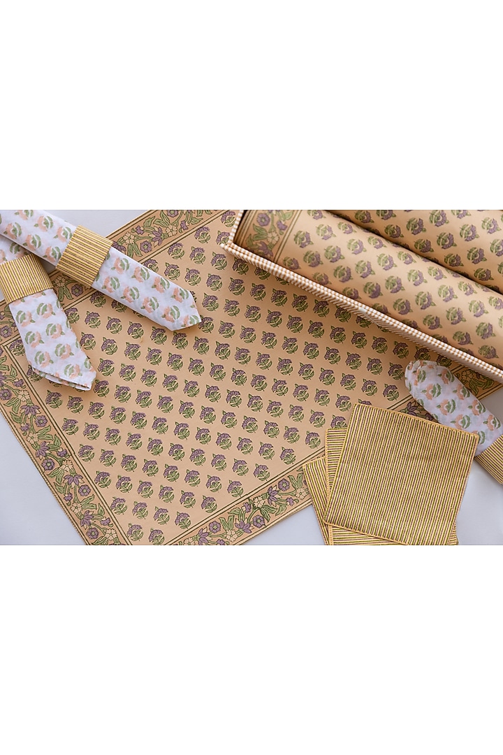 Mustard Cotton Hand Block Printed Table Mat Set of 25 by ADYA at Pernia's Pop Up Shop