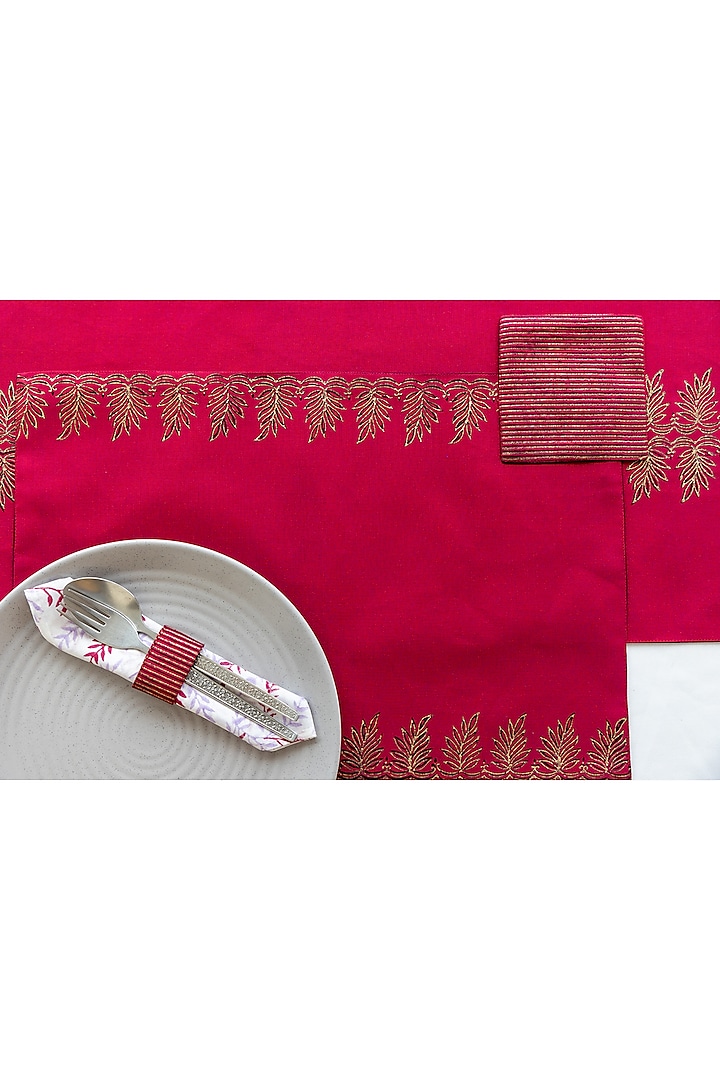 Maroon Cotton Hand Block Printed Table Mat Set of 25 by ADYA