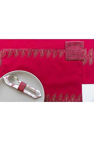 Maroon Cotton Hand Block Printed Table Mat Set of 25 by ADYA