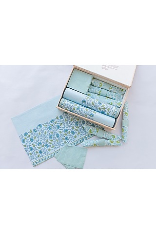 Powder Blue Cotton Hand Block Printed Table Mat Set of 25 by ADYA