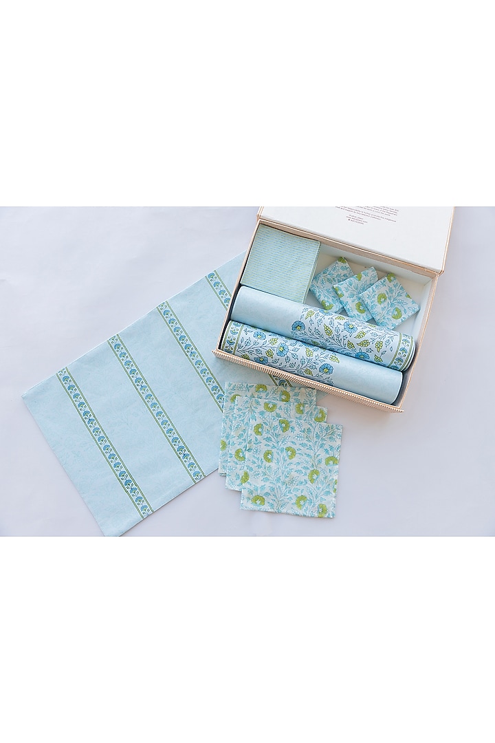 Powder Blue Cotton Hand Block Printed Table Mat Set of 25 by ADYA at Pernia's Pop Up Shop