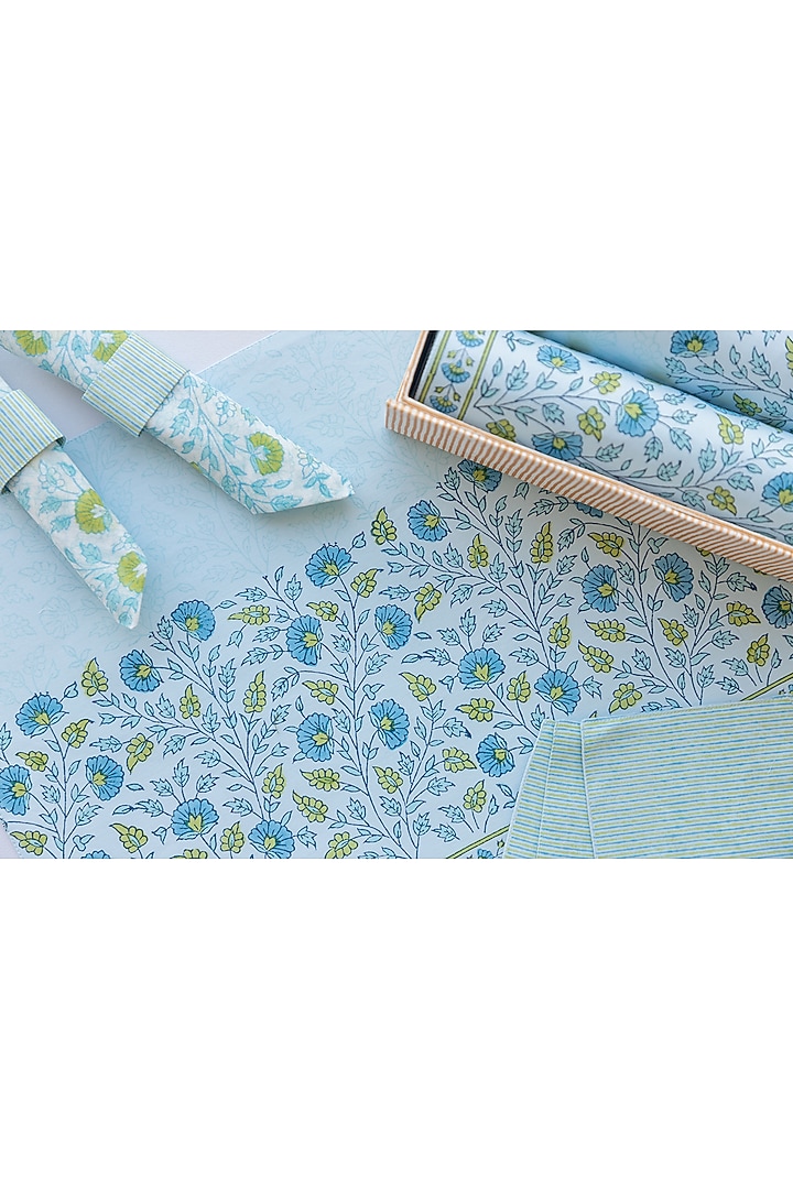 Powder Blue Cotton Hand Block Printed Table Mat Set of 25 by ADYA at Pernia's Pop Up Shop