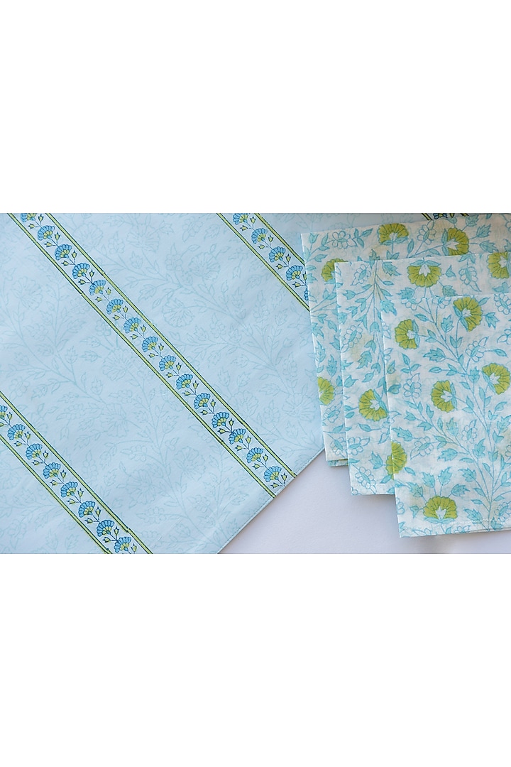 Powder Blue Cotton Hand Block Printed Table Mat Set of 25 by ADYA at Pernia's Pop Up Shop