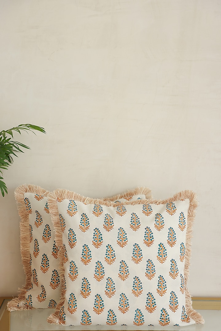 White Cotton Floral Hand Block Printed Cushion Cover (Set of 2) by ADYA