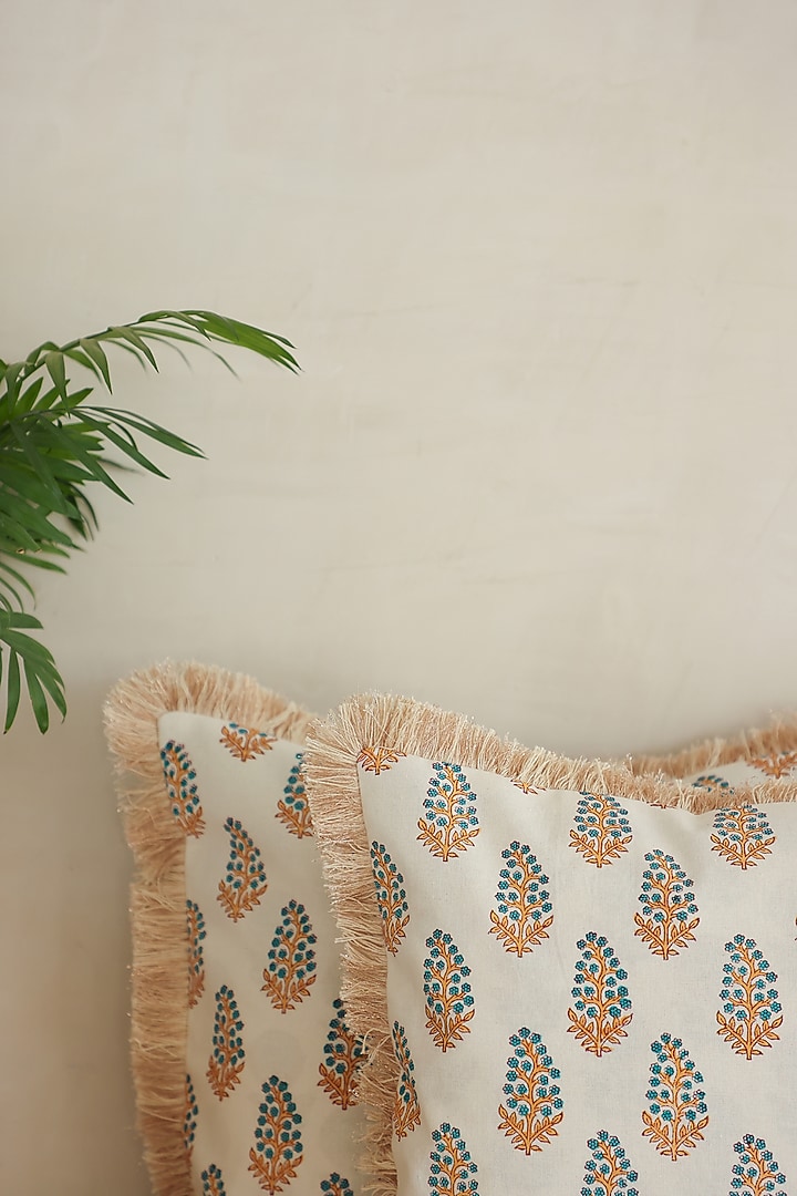 White Cotton Floral Hand Block Printed Cushion Cover (Set of 2) by ADYA at Pernia's Pop Up Shop