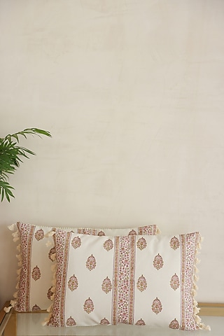 White Cotton Floral Mughal Printed Cushion Cover (Set of 2) by ADYA
