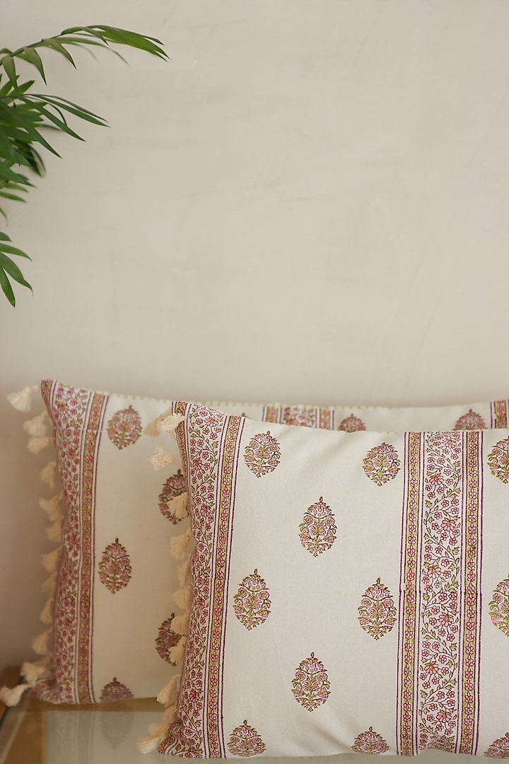 White Cotton Floral Mughal Printed Cushion Cover (Set of 2) by ADYA at Pernia's Pop Up Shop