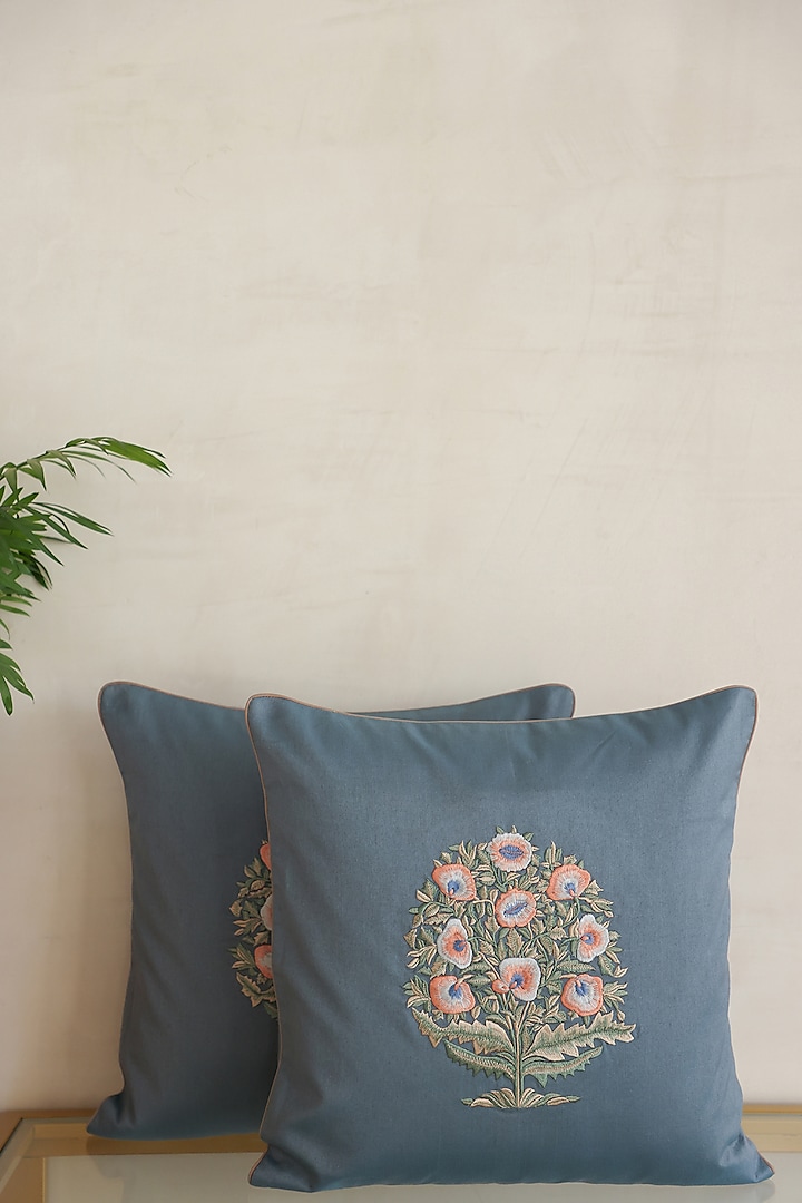 Blue Cotton Block Embroidered Cushion Cover (Set of 2) by ADYA