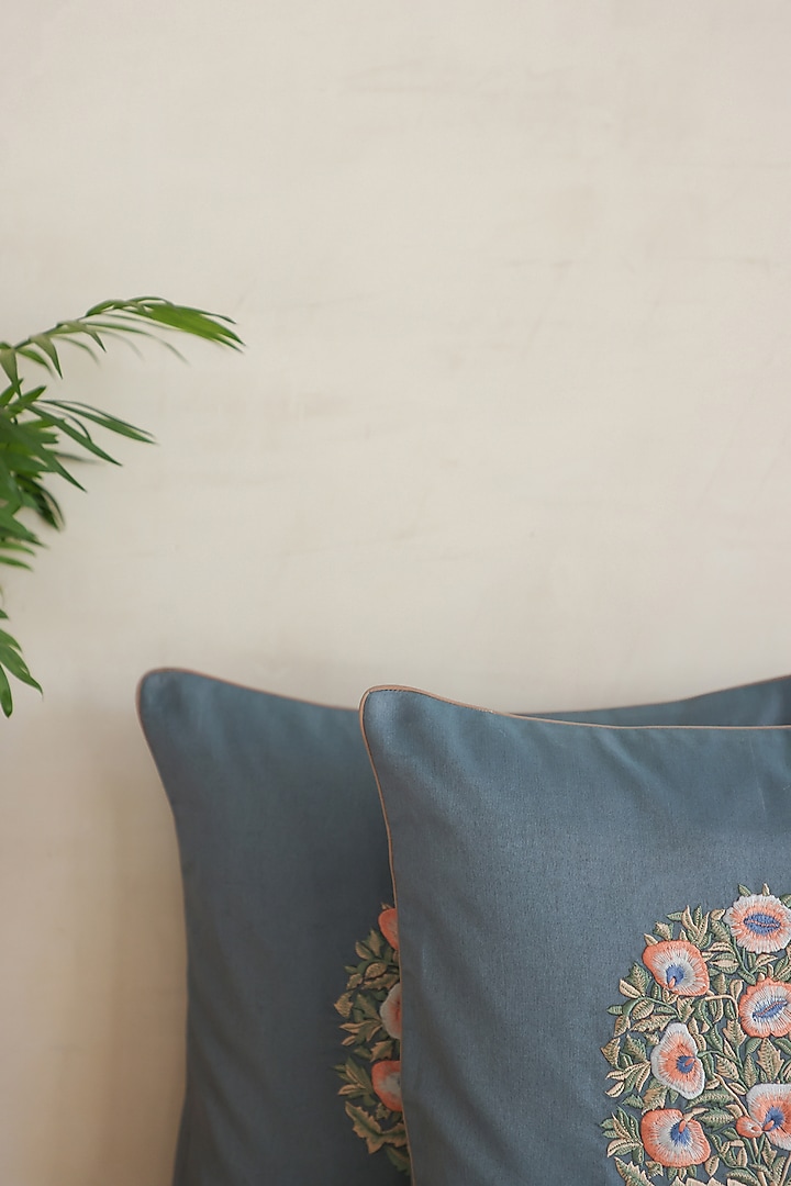 Blue Cotton Block Embroidered Cushion Cover (Set of 2) by ADYA at Pernia's Pop Up Shop