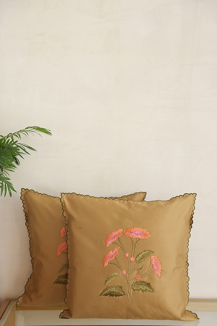 Golden Cotton Floral Embroidered Cushion Cover (Set of 2) by ADYA
