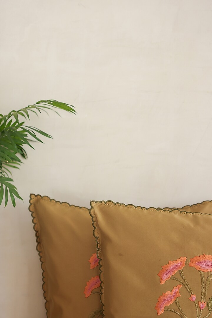 Golden Cotton Floral Embroidered Cushion Cover (Set of 2) by ADYA at Pernia's Pop Up Shop