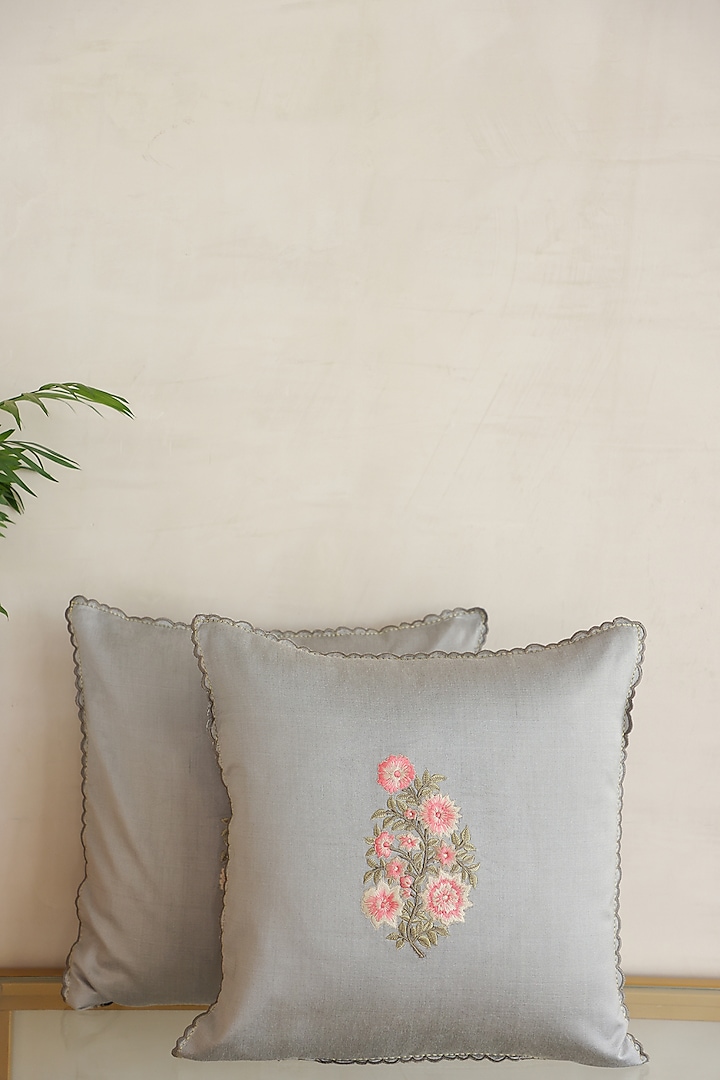 Storm Grey Cotton Embroidered Cushion Cover (Set of 2) by ADYA