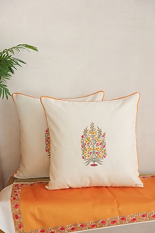 Yellow & Cream Cotton Silk Hand Block Printed Cushions & Table Runner (Set Of 3) by ADYA
