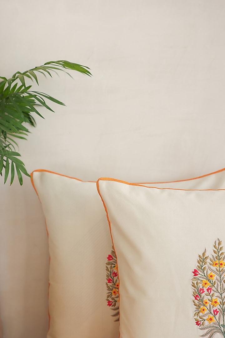 Yellow & Cream Cotton Silk Hand Block Printed Cushions & Table Runner (Set Of 3) by ADYA at Pernia's Pop Up Shop