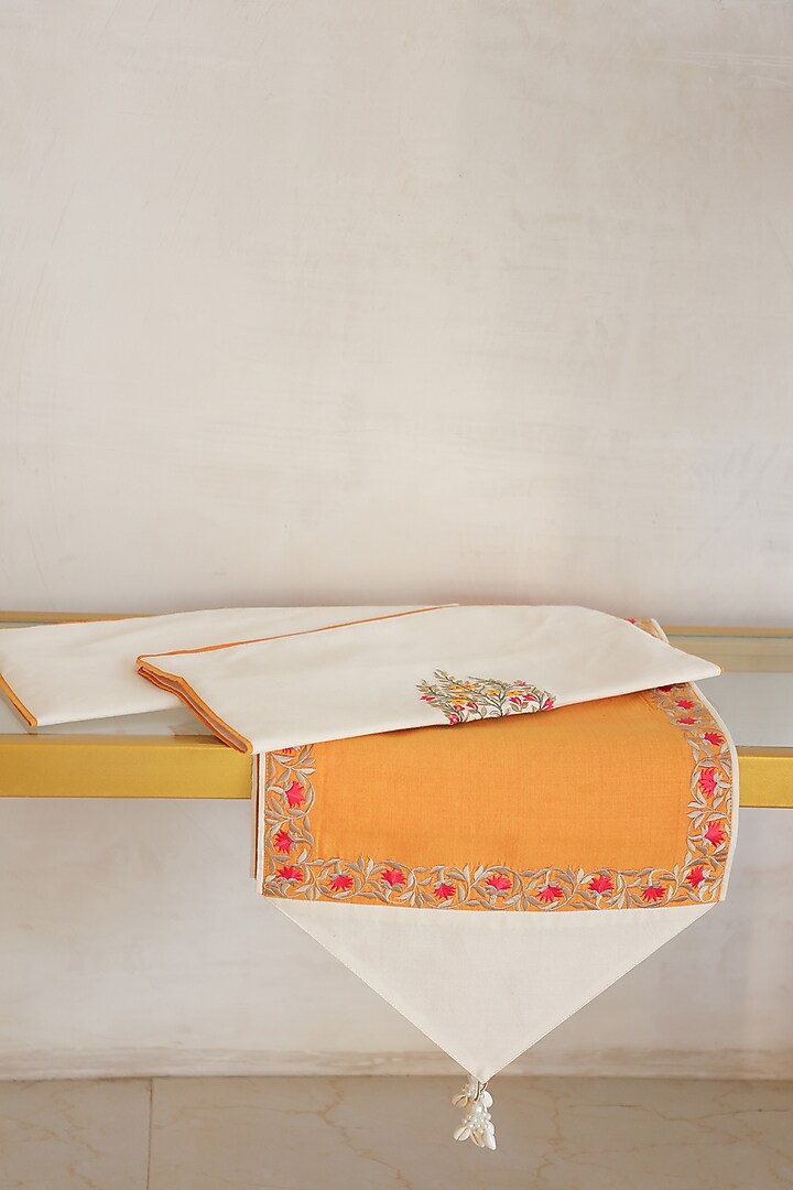 Yellow & Cream Cotton Silk Hand Block Printed Cushions & Table Runner (Set Of 3) by ADYA at Pernia's Pop Up Shop