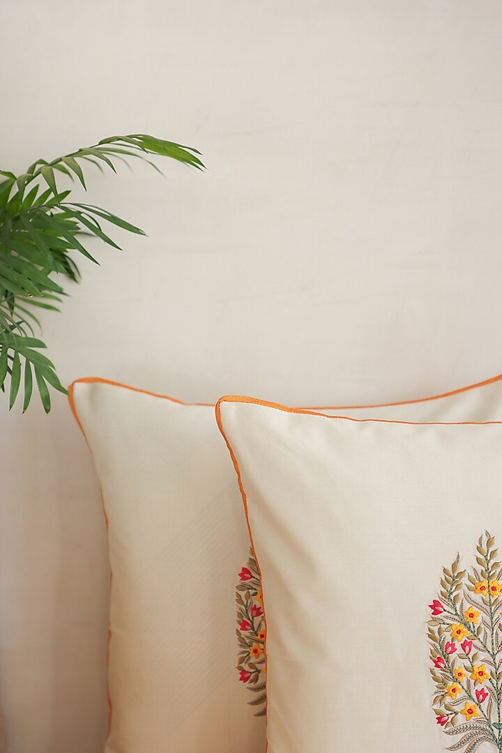Yellow & Cream Cotton Silk Hand Block Printed Cushions (Set Of 2) by ADYA at Pernia's Pop Up Shop