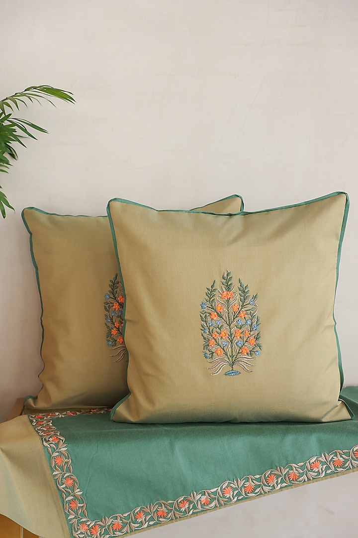 Olive Green Cotton Silk Hand Block Printed Cushions & Table Runner (Set Of 3) by ADYA