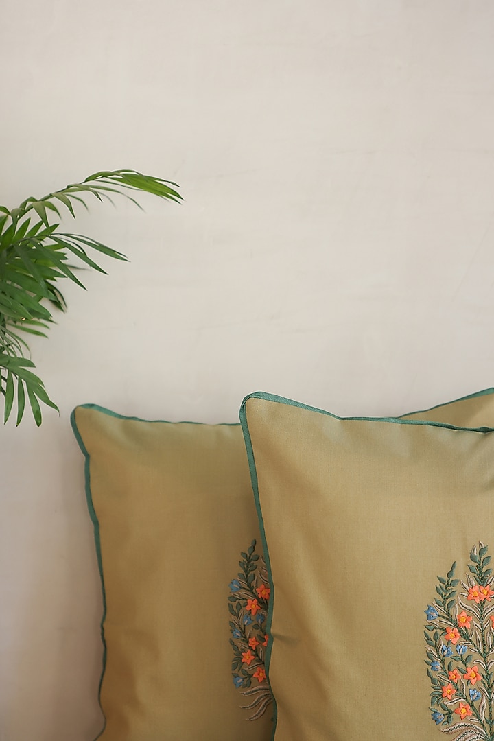 Olive Green Cotton Silk Hand Block Printed Cushions & Table Runner (Set Of 3) by ADYA at Pernia's Pop Up Shop