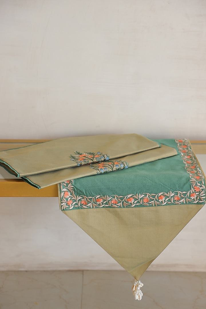 Olive Green Cotton Silk Hand Block Printed Cushions & Table Runner (Set Of 3) by ADYA at Pernia's Pop Up Shop