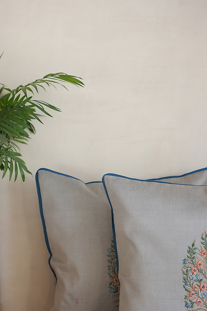 Grey Cotton Silk Hand Block Printed Cushions & Table Runner (Set Of 3) by ADYA at Pernia's Pop Up Shop