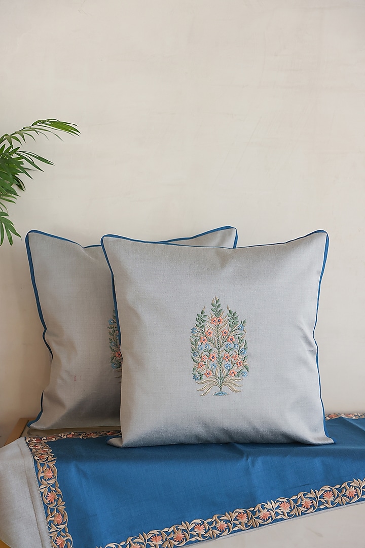 Blue & Grey Cotton Silk Hand Block Printed Cushions (Set Of 2) by ADYA