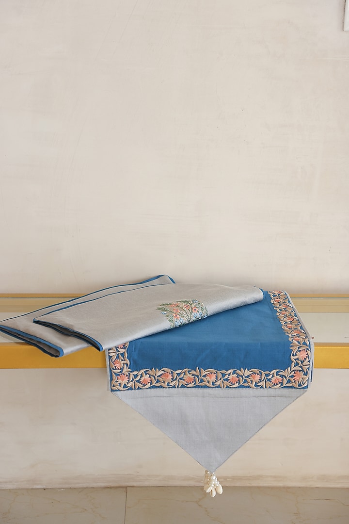 Blue & Grey Cotton Silk Hand Block Printed Cushions (Set Of 2) by ADYA at Pernia's Pop Up Shop