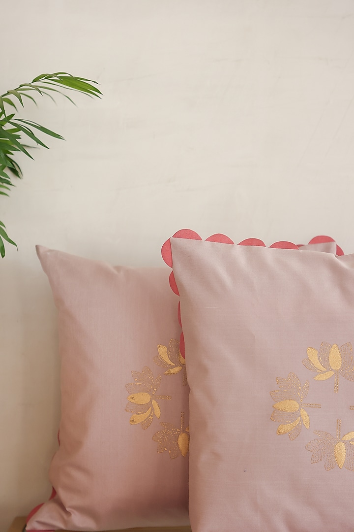 Peach Cotton Silk Hand Block Printed Cushions & Table Runner (Set Of 3) by ADYA at Pernia's Pop Up Shop