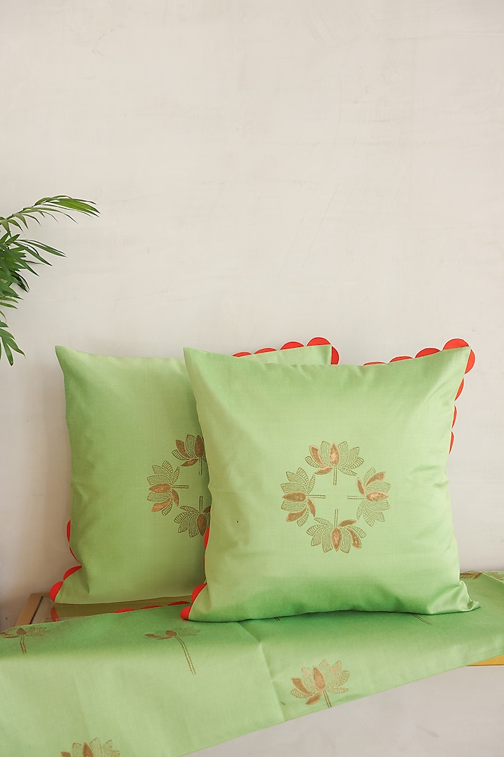 Green Cotton Silk Hand Block Printed Cushions & Table Runner (Set Of 3) by ADYA