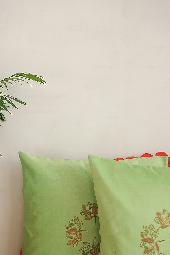 Green Cotton Silk Hand Block Printed Cushions & Table Runner (Set Of 3) by ADYA at Pernia's Pop Up Shop