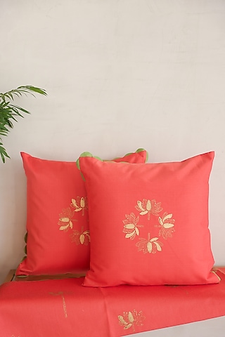 Orange Apricot Cotton Silk Hand Block Printed Cushions (Set Of 2) by ADYA