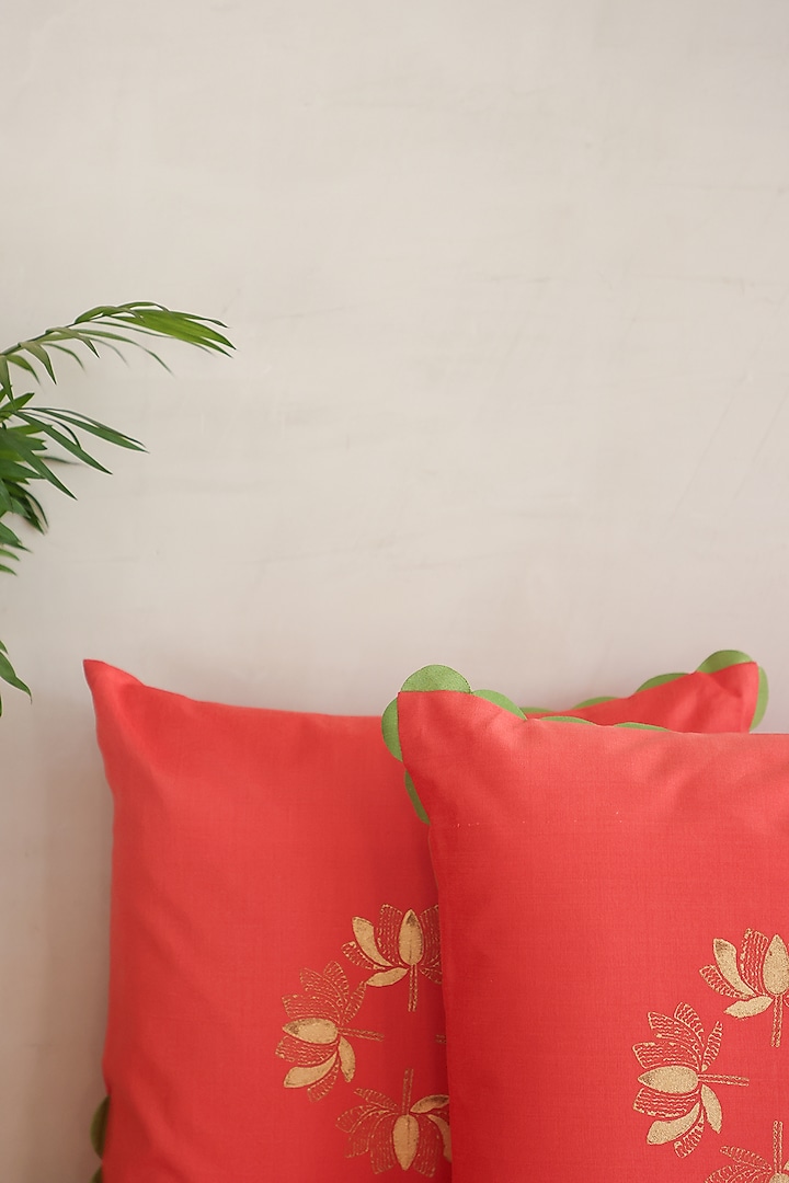 Orange Apricot Cotton Silk Hand Block Printed Cushions (Set Of 2) by ADYA at Pernia's Pop Up Shop