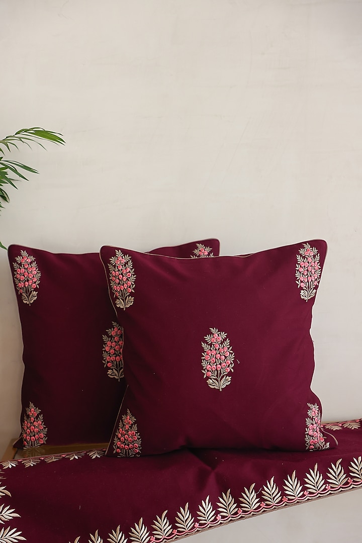 Maroon Cotton Silk Hand Block Printed Cushions & Table Runner (Set Of 3) by ADYA