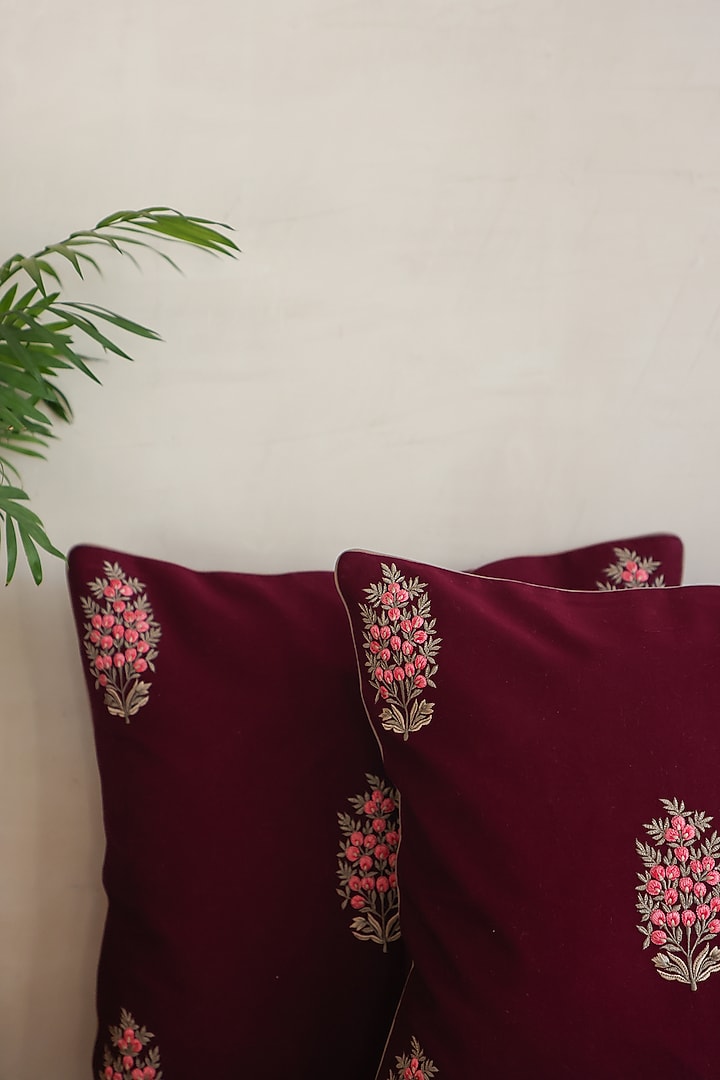 Maroon Cotton Silk Hand Block Printed Cushions & Table Runner (Set Of 3) by ADYA at Pernia's Pop Up Shop