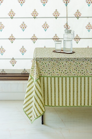Cream Cotton Hand Block Printed Table Cover by ADYA