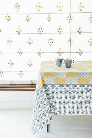 Mustard Cotton Hand Block Printed Table Cover by ADYA