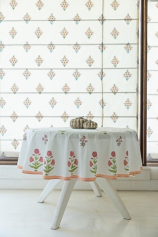 White & Red Cotton Hand Block Print Table Cover by ADYA