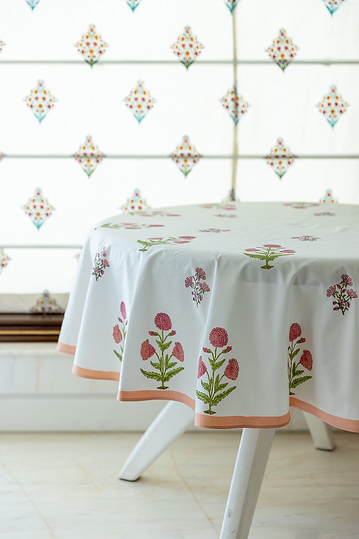White & Red Cotton Hand Block Print Table Cover by ADYA at Pernia's Pop Up Shop