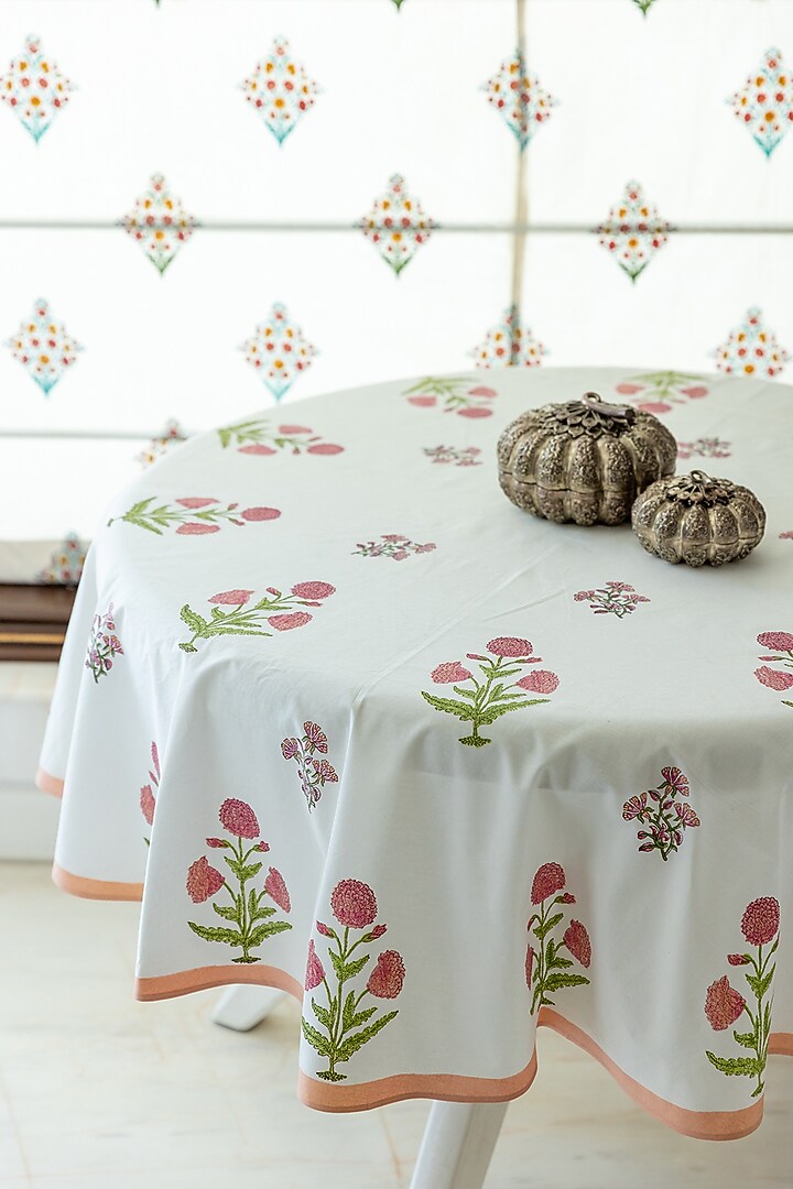 White & Red Cotton Hand Block Print Table Cover by ADYA at Pernia's Pop Up Shop
