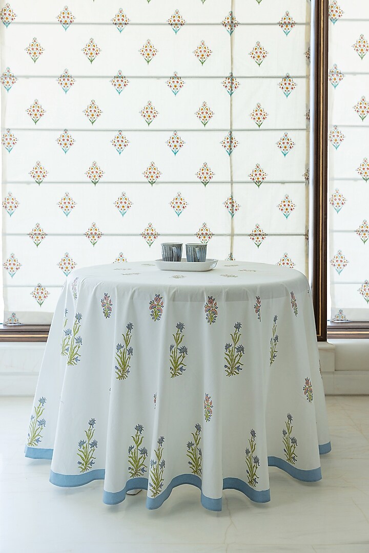 White & Blue Cotton Hand Block Print Table Cover by ADYA at Pernia's Pop Up Shop